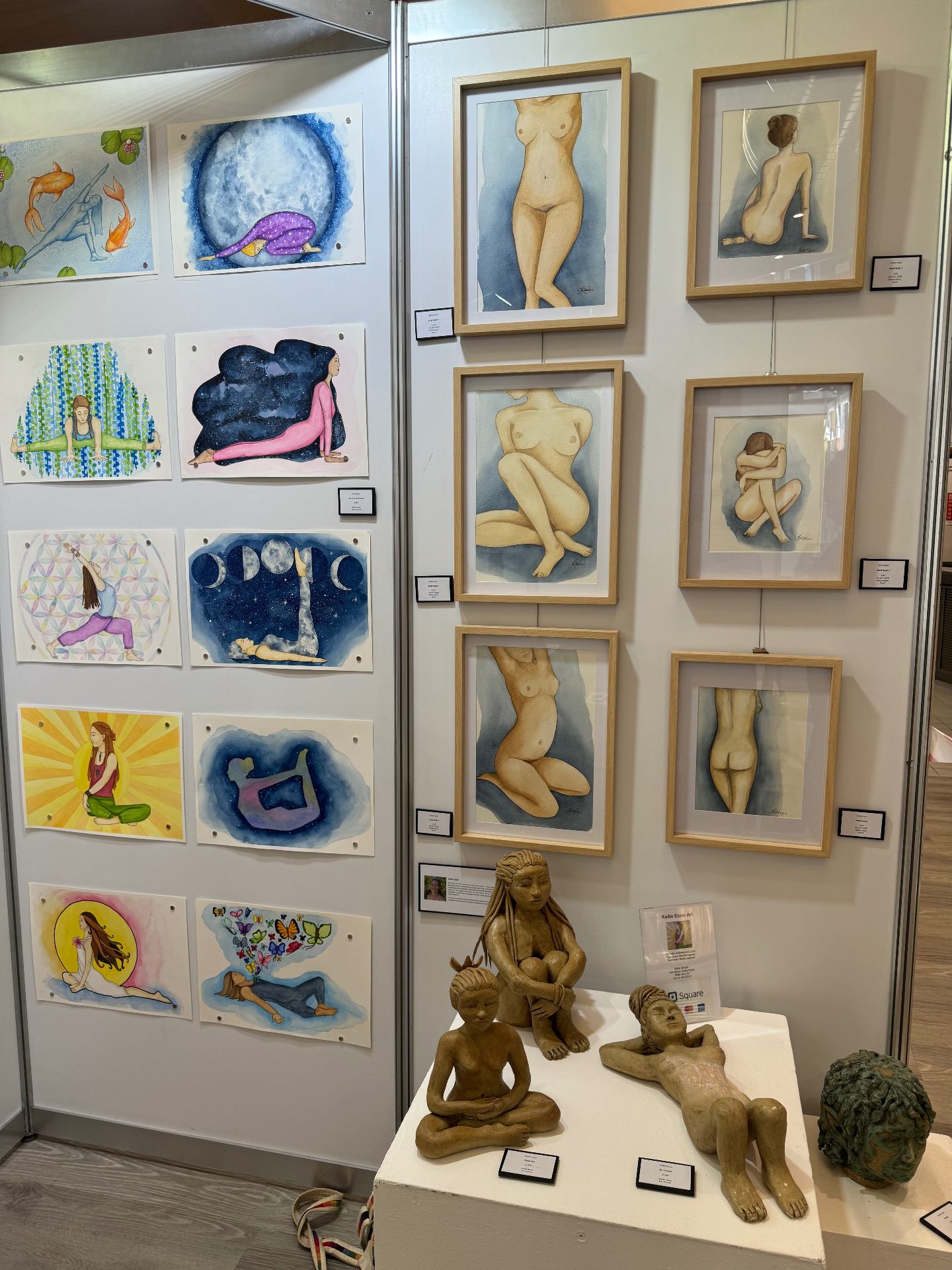 Exhibition display of Kellie's watercolour paintings and sculptures