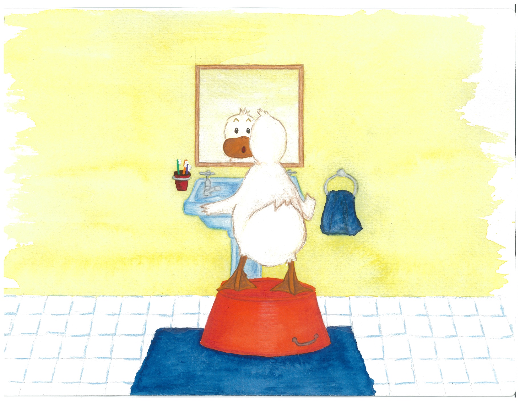 Interior page — Squizzle at the bathroom mirror