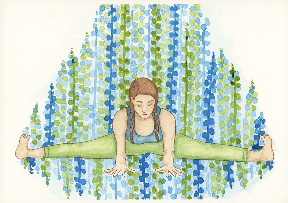 Wide Leg Forward Bend watercolour print by Kellie Espie
