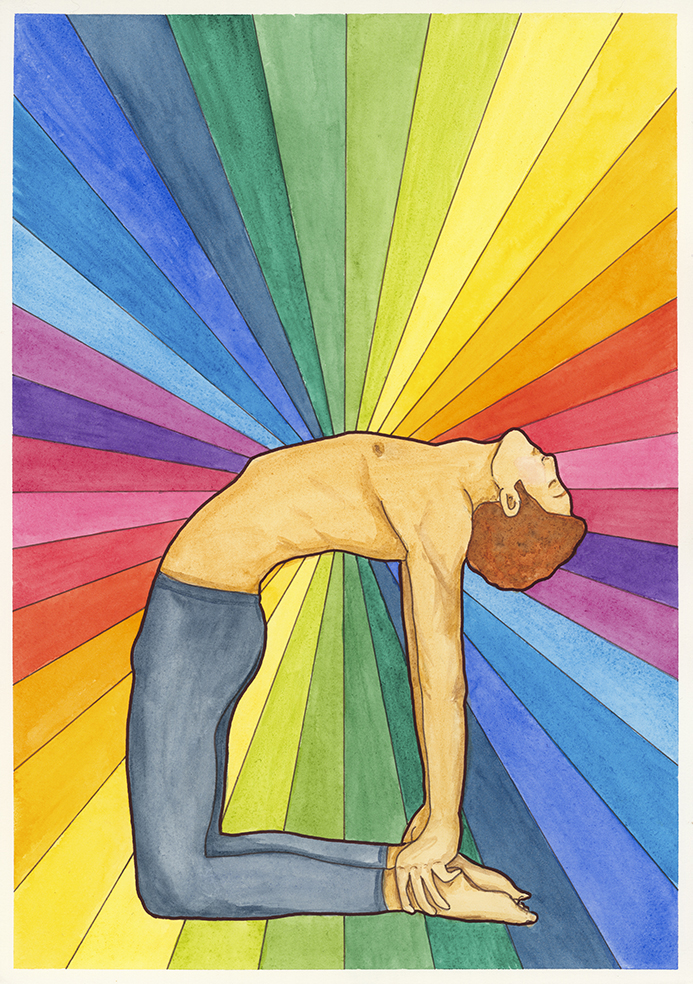 Camel Pose from the Yoga Oracle by Kellie Espie — a figure in camel backbend on rainbow rays