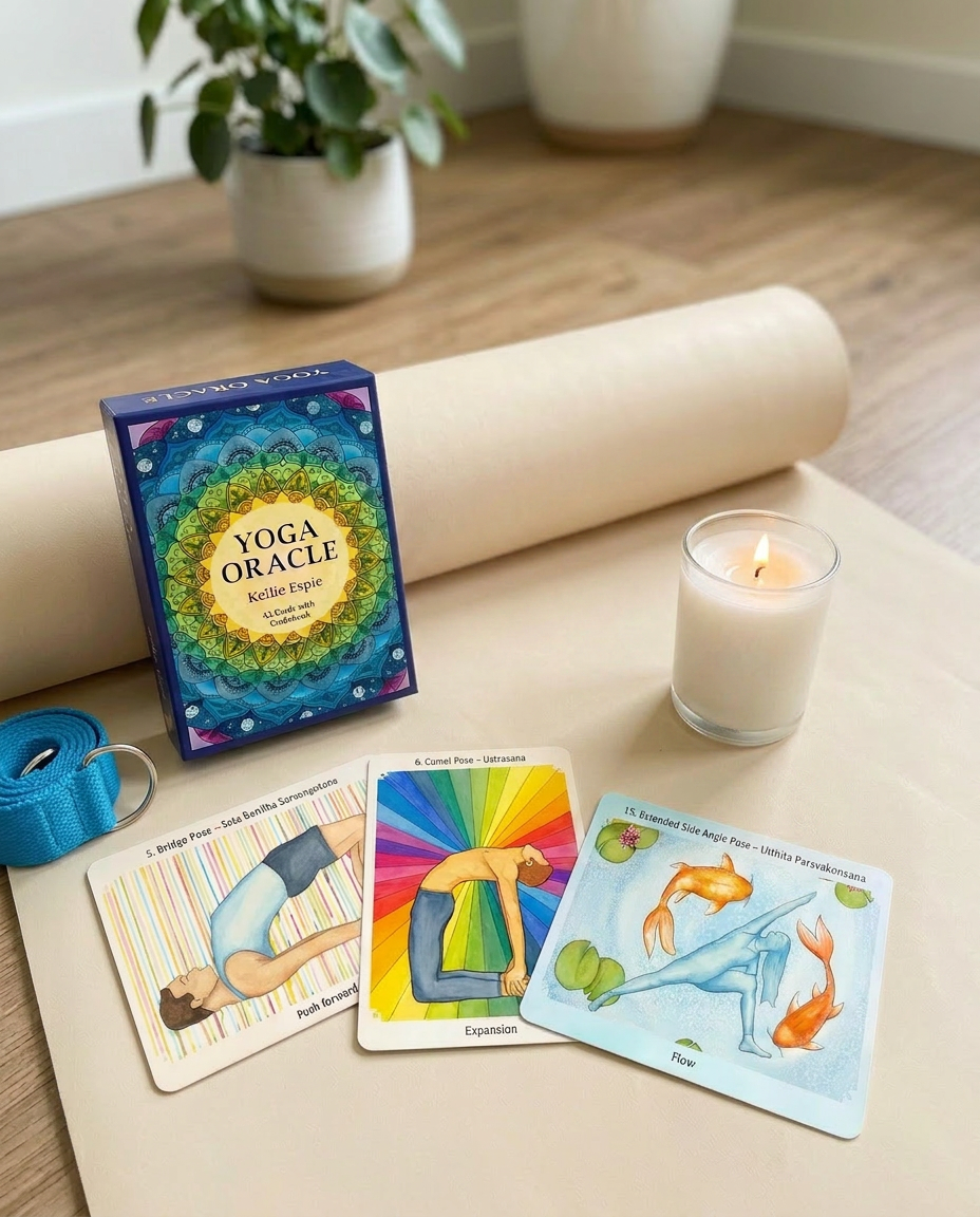 Yoga Oracle box and cards arranged on a yoga mat with a strap and candle